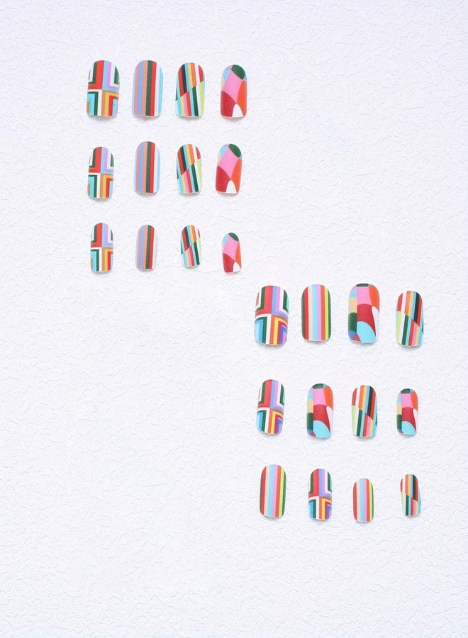OCOUYVD 24 Pcs Press on Nails Short Rainbow Fake Nails Square False Nails Design Colorful Stripes and lozenge Designs Glossy Artificial Nail Art Reusable Stick on Nails Kit for Women - 24 Pcs in 12 Sizes - Image 3
